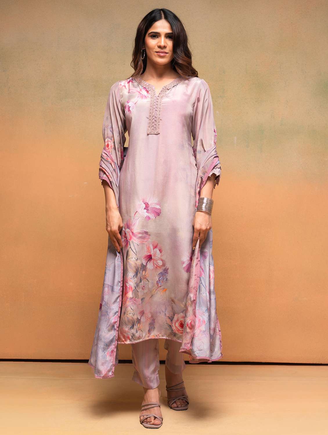 women floral printed three quarter sleeve kurta pant with dupatta set - 22183421 -  Zoom Image - 0