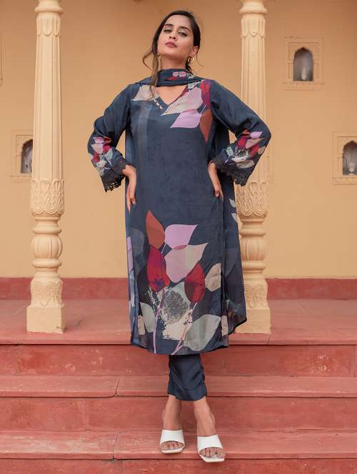 women solid with work long sleeve kurta pant with dupatta set - 22183422 -  Standard Image - 0