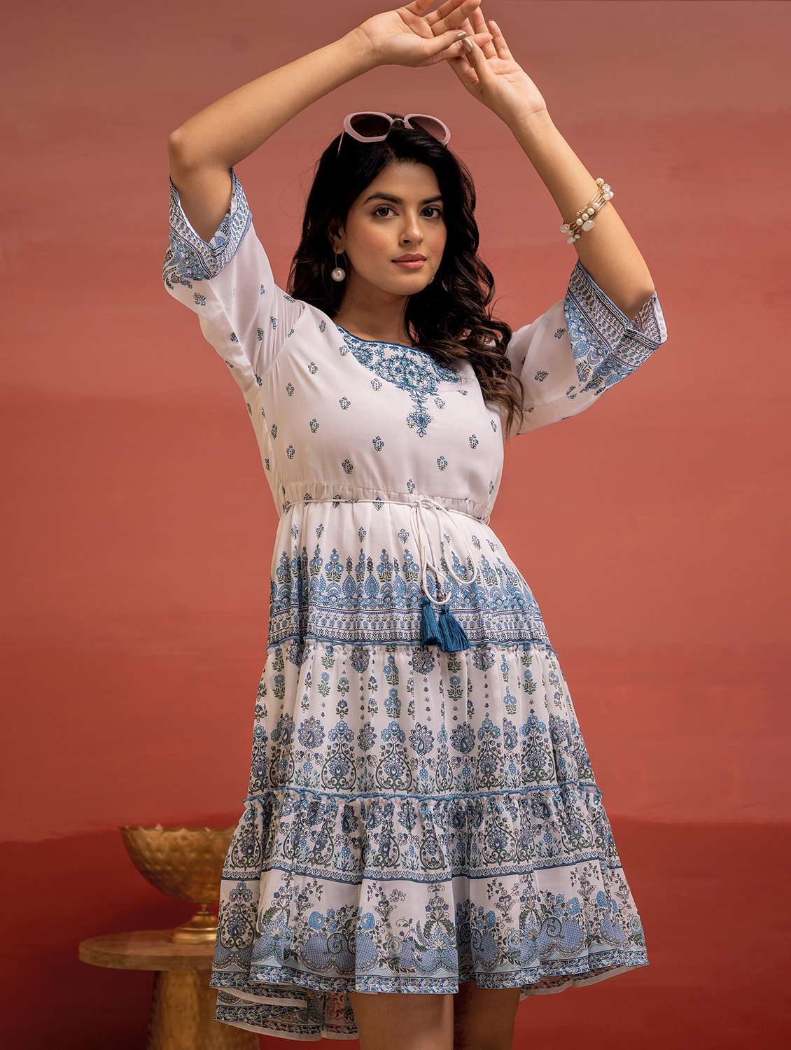 women printed three quarter sleeve tiered ethnic dress - 22183425 -  Standard Image - 3