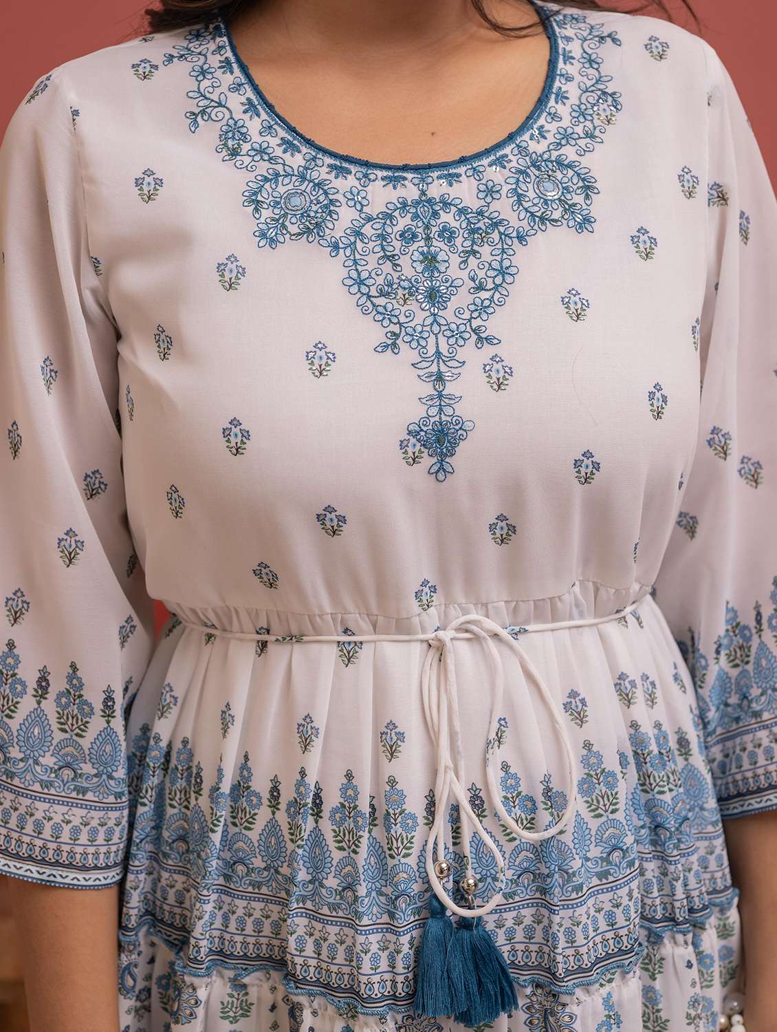 women printed three quarter sleeve tiered ethnic dress - 22183425 -  Standard Image - 5