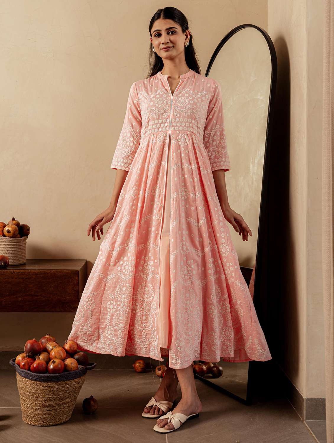 women solid with work three quarter sleeve fit & flared ethnic dress