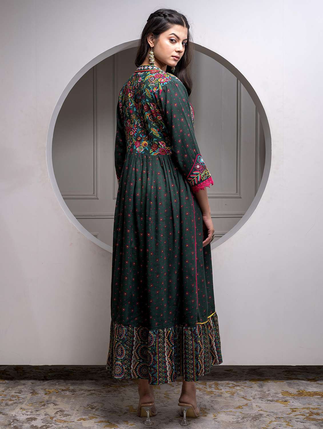 women printed three quarter sleeve fit & flare ethnic dress - 22183427 -  Standard Image - 3