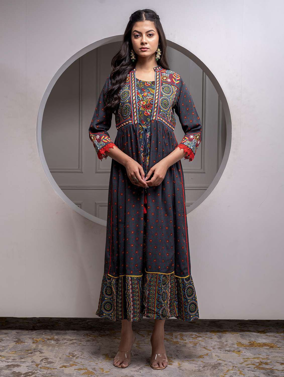 women printed three quarter sleeve fit & flare ethnic dress