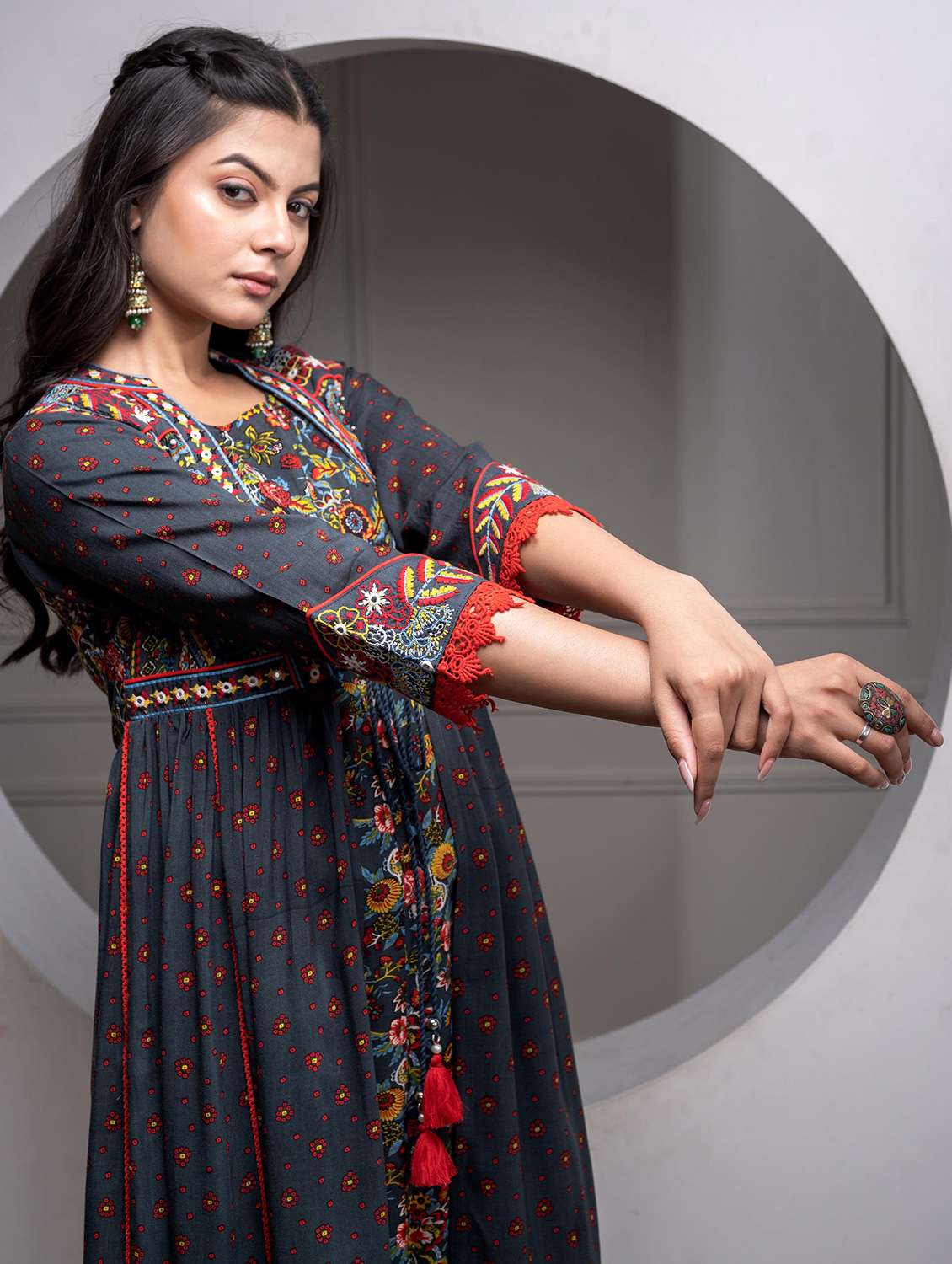 women printed three quarter sleeve fit & flare ethnic dress - 22183428 -  Standard Image - 3