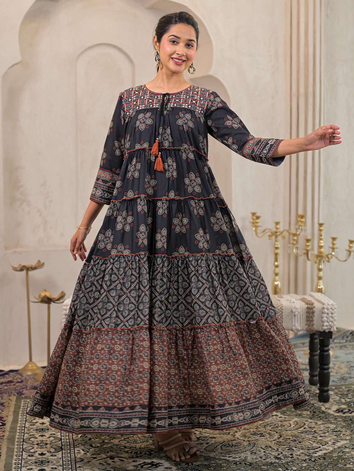 women printed three quarter sleeve tiered ethnic dress - 22183429 -  Zoom Image - 0