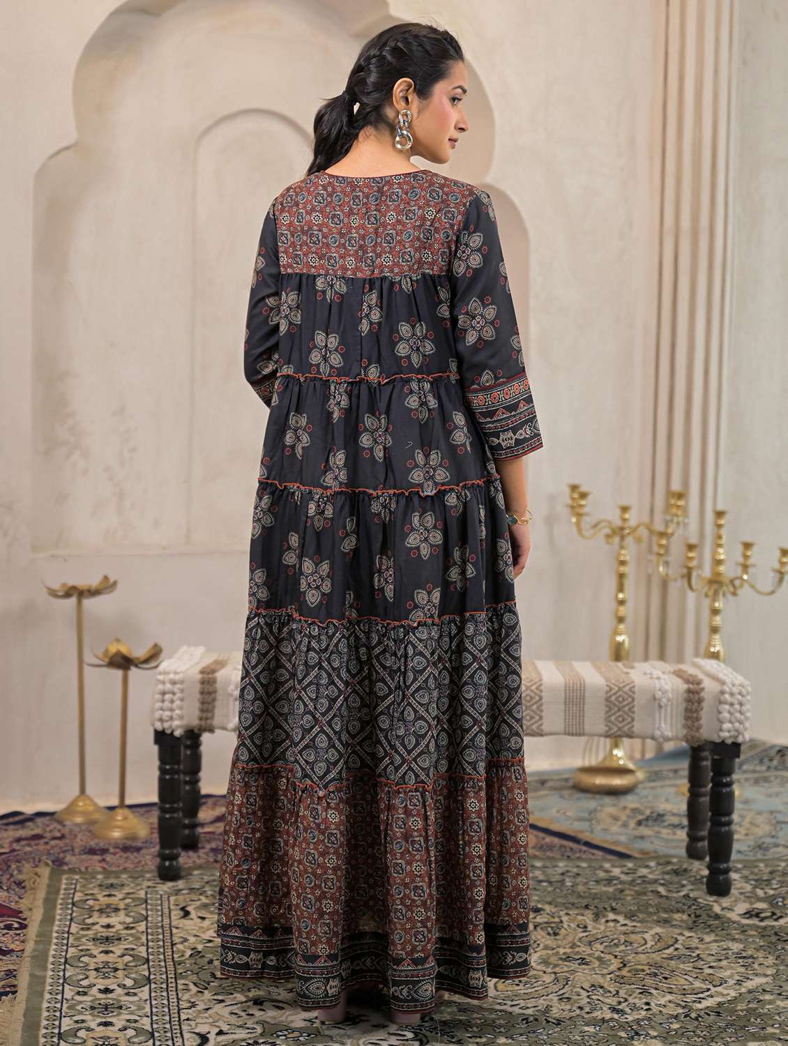 women printed three quarter sleeve tiered ethnic dress - 22183429 -  Standard Image - 3