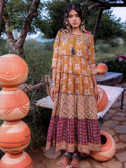 women printed three quarter sleeve tiered ethnic dress - 22183430 -  Standard Image - 0