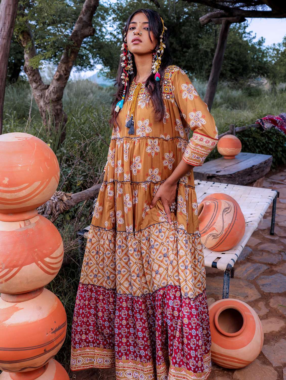 women printed three quarter sleeve tiered ethnic dress - 22183430 -  Standard Image - 3