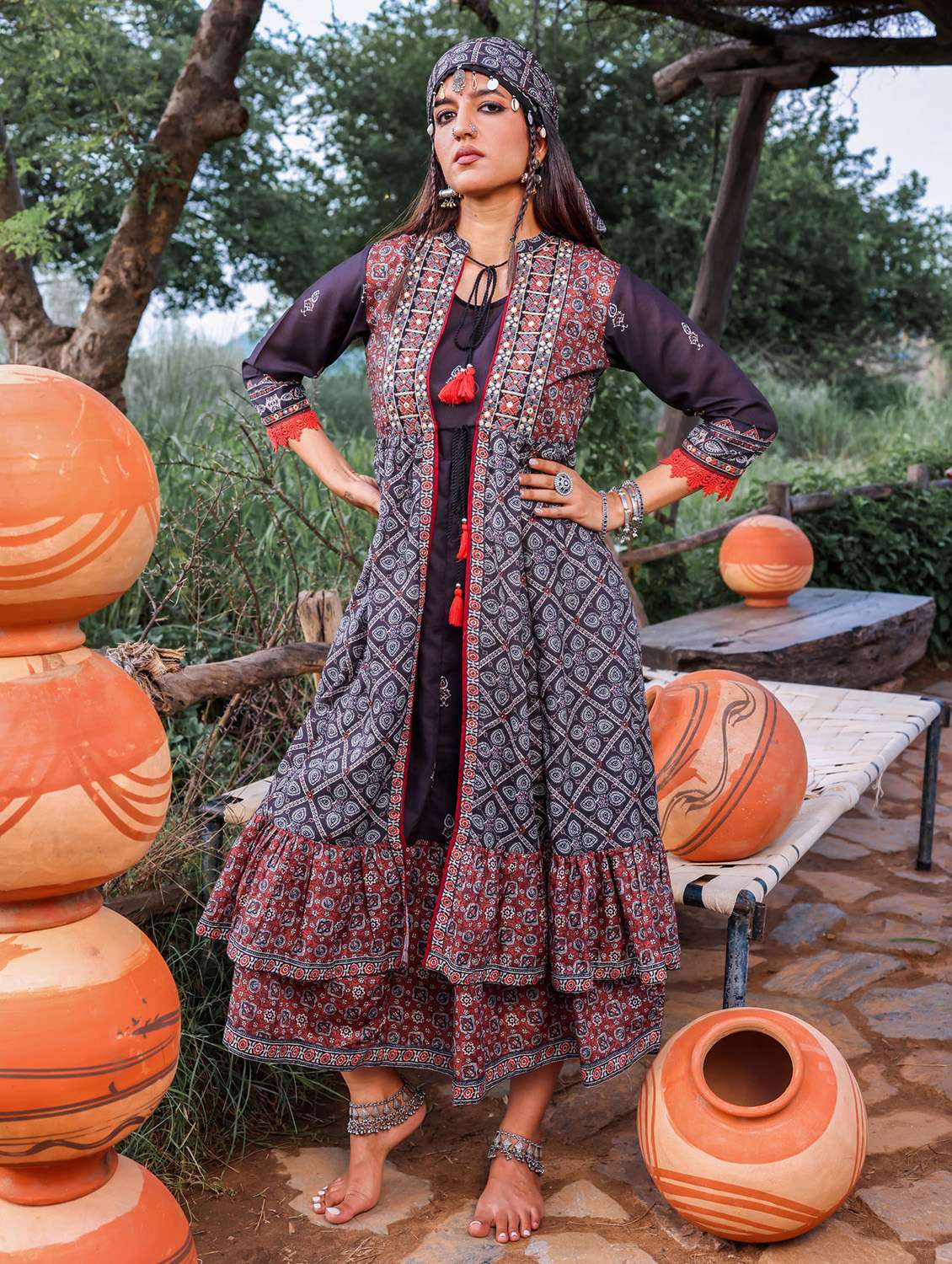 women printed three quarter sleeve layered ethnic dress