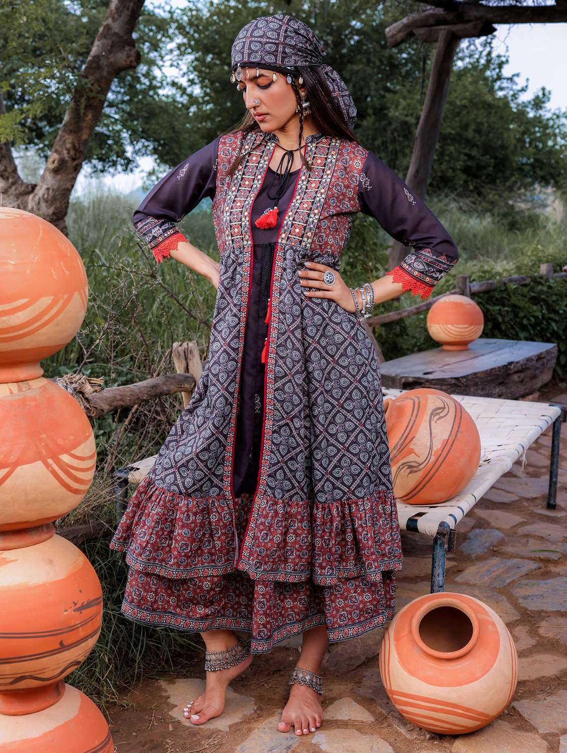 women printed three quarter sleeve layered ethnic dress - 22183431 -  Standard Image - 3