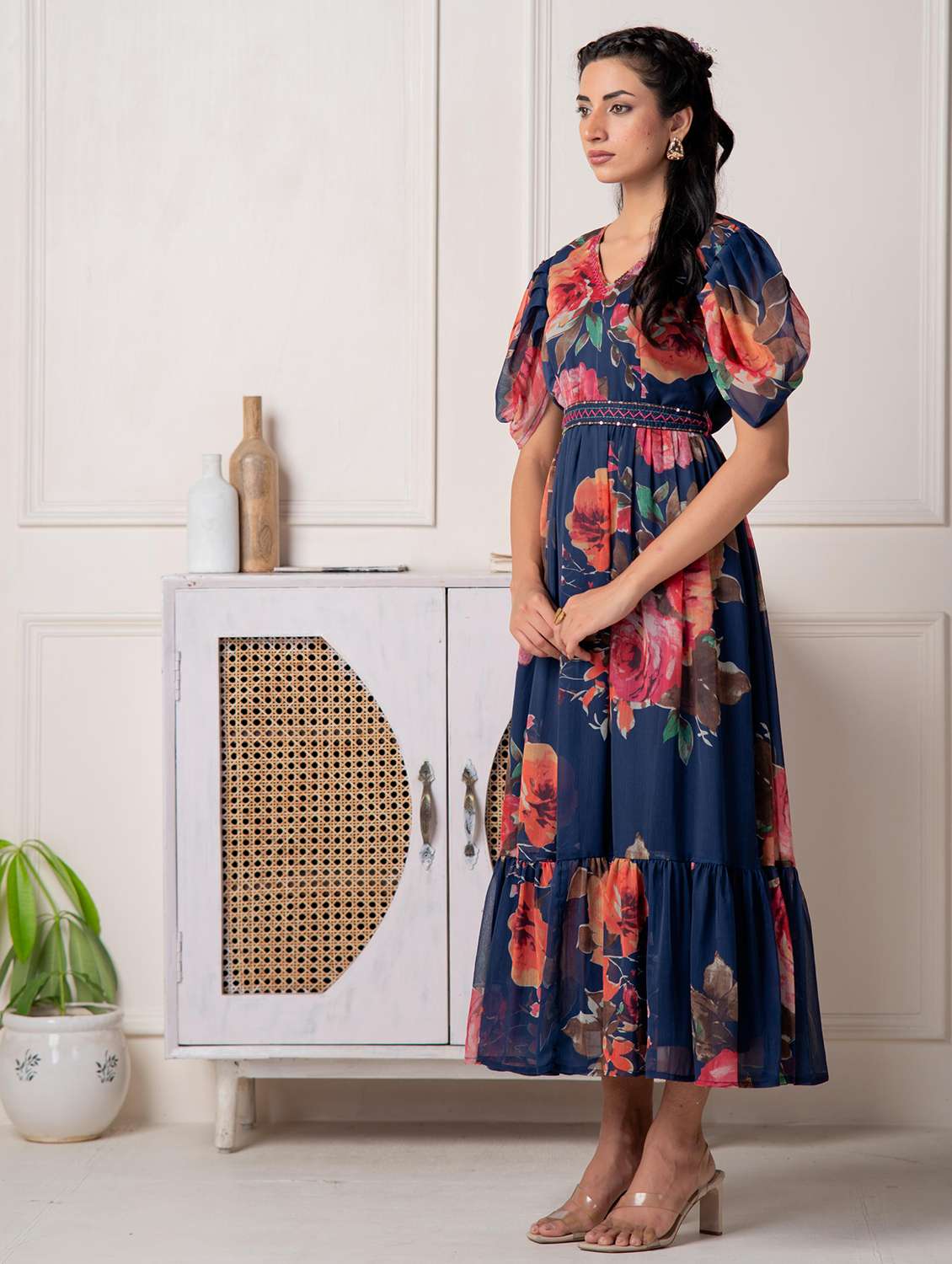 women floral puff sleeve maxi tiered dress - 22183433 -  Standard Image - 3