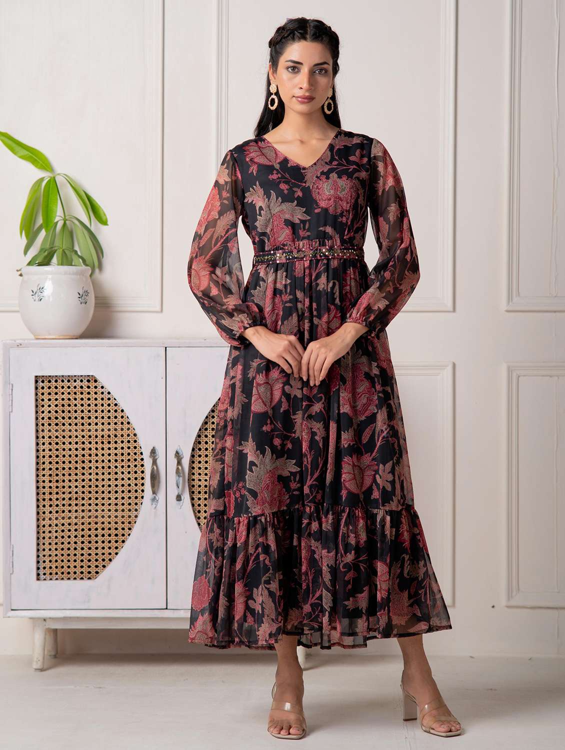 women floral printed puff sleeve tiered maxi dress