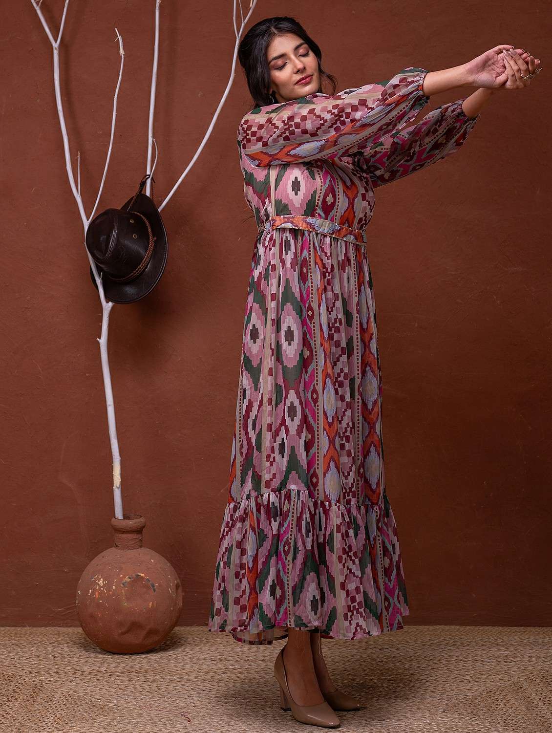 women printed puff sleeve fit & flare dress - 22183436 -  Standard Image - 3