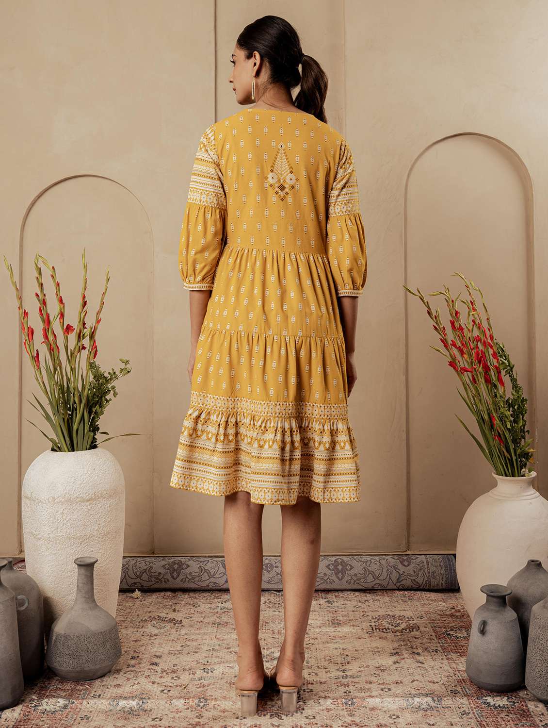 women printed three quarter sleeve tiered ethnic dress - 22183439 -  Standard Image - 3