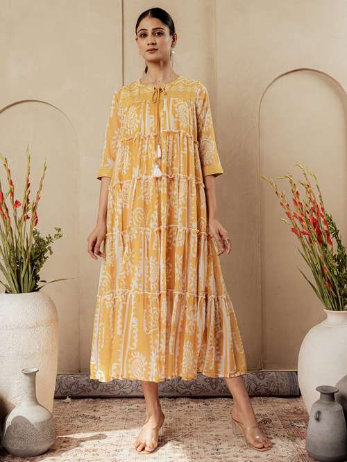 women printed three quarter sleeve tiered ethnic dress - 22183440 -  Standard Image - 0