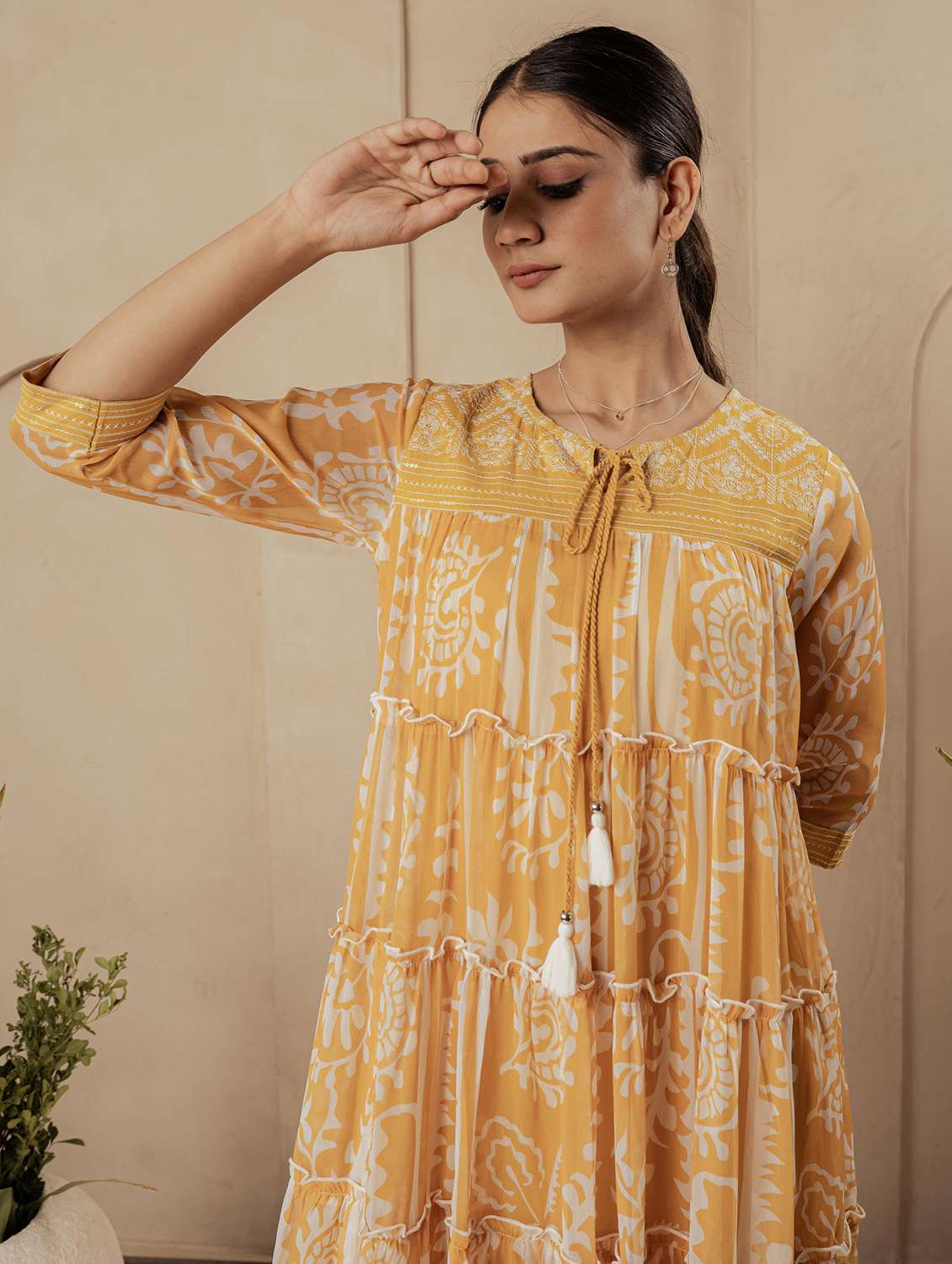 women printed three quarter sleeve tiered ethnic dress - 22183440 -  Standard Image - 3