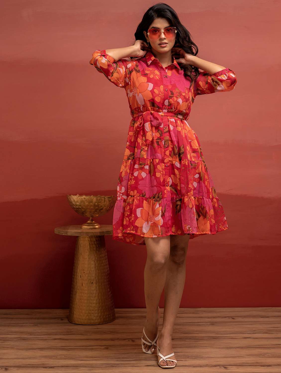 women floral three quarter sleeve tiered dress