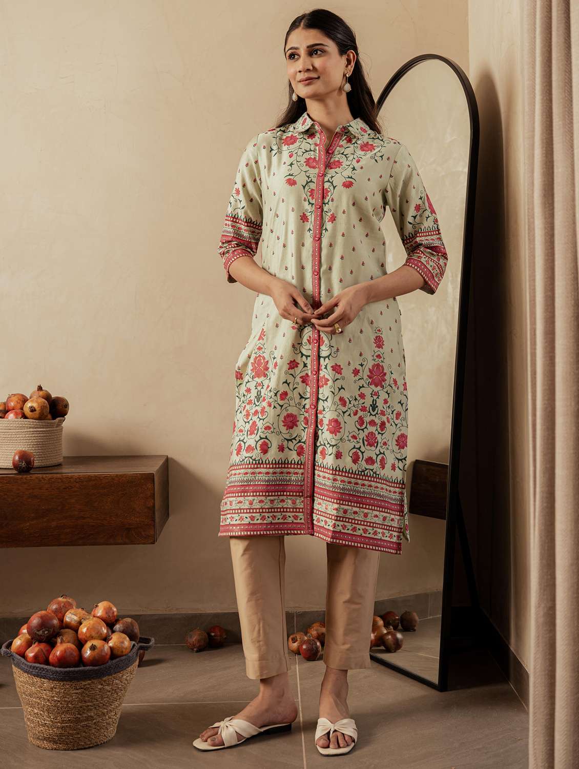 women floral three quarter sleeve straight kurta