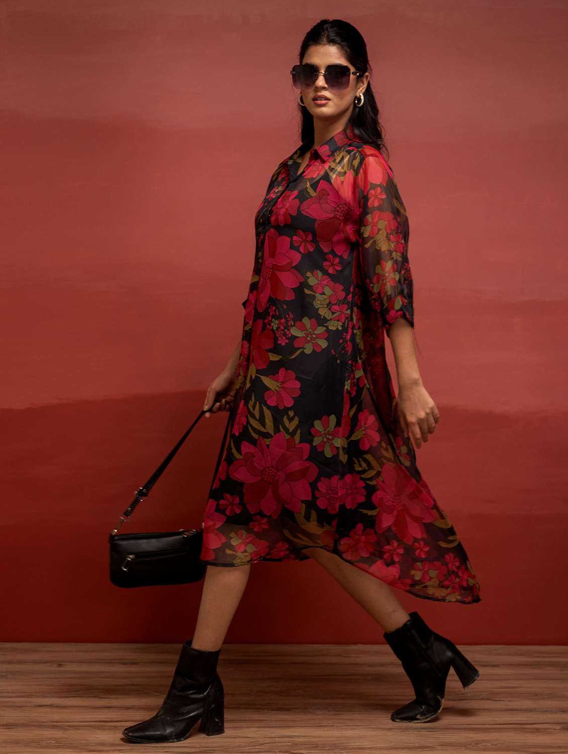 women floral printed three quarter sleeve a-line dress