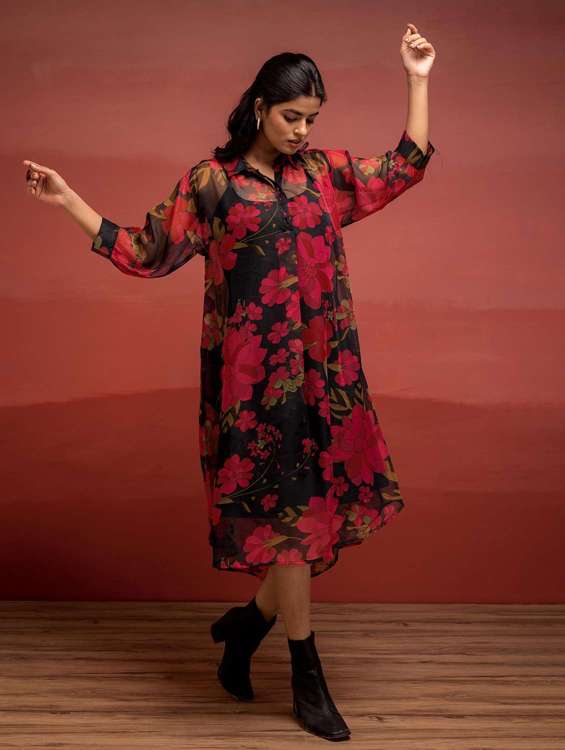 women floral printed three quarter sleeve a-line dress - 22183447 -  Standard Image - 3