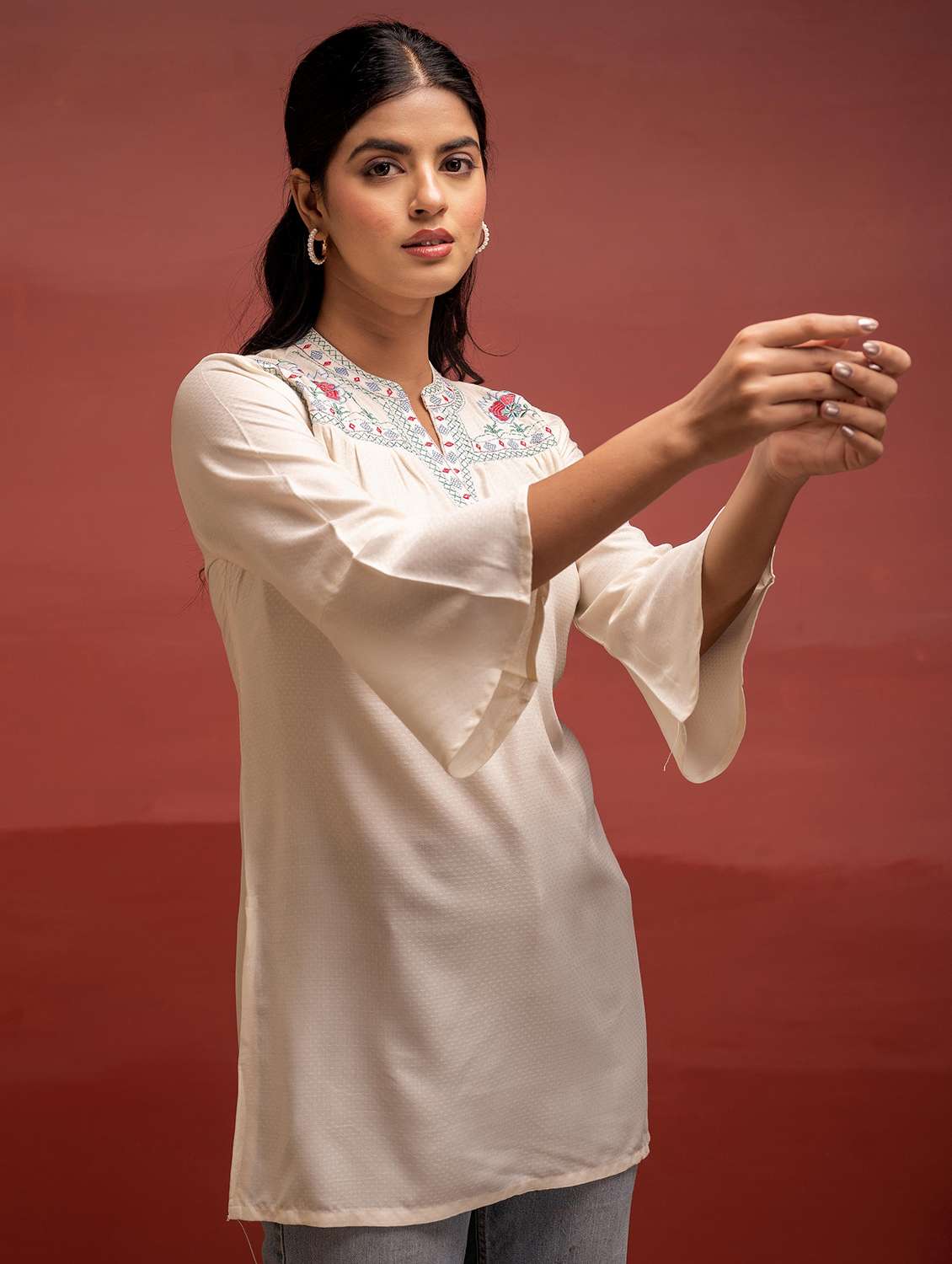 women embroidered bell sleeve straight kurti - 22183451 -  Standard Image - 3