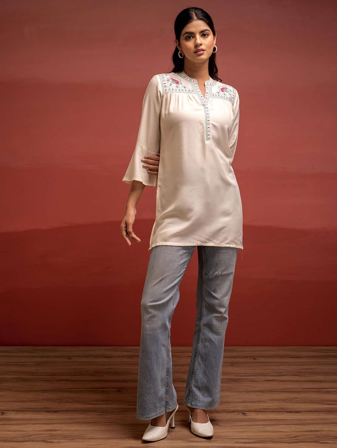 women embroidered bell sleeve straight kurti - 22183451 -  Standard Image - 5