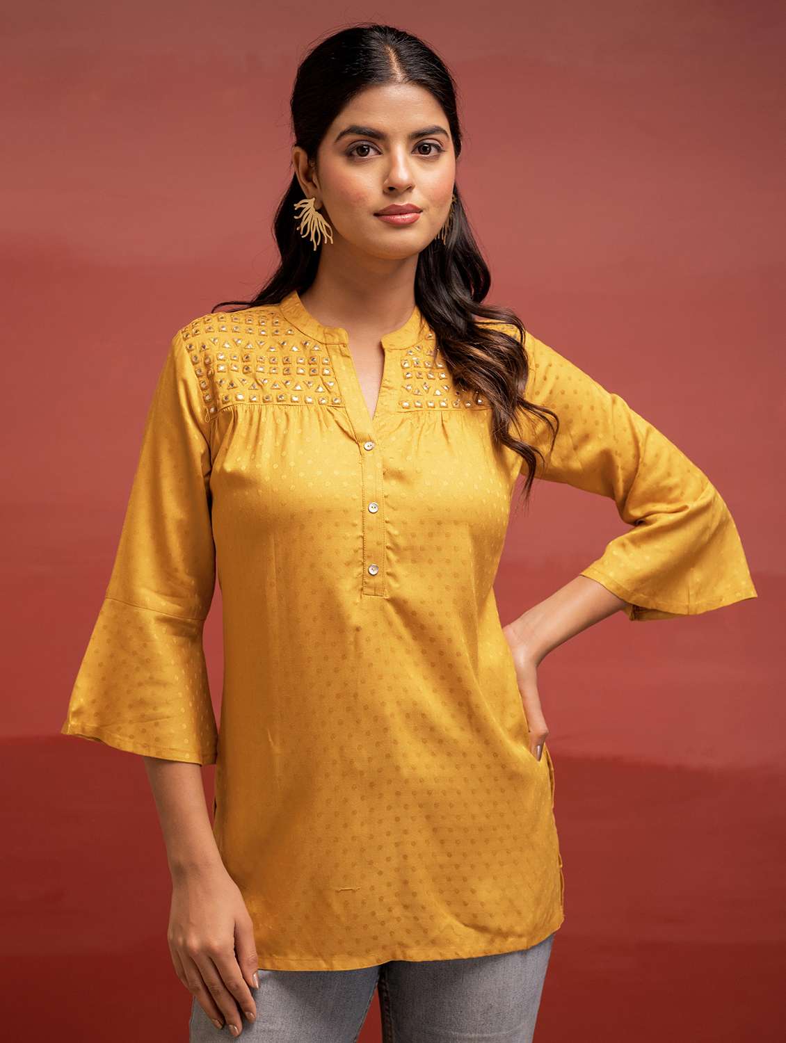 women self designed bell sleeve straight kurti