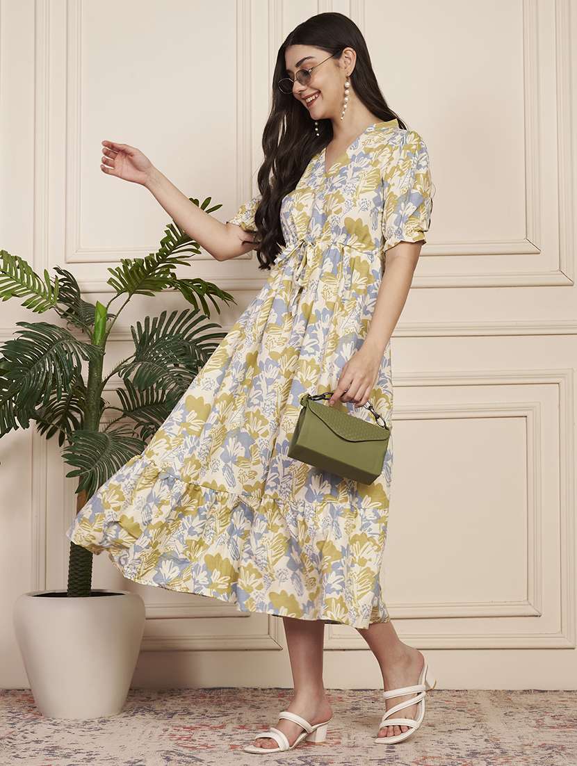 women printed short sleeve tiered dress
