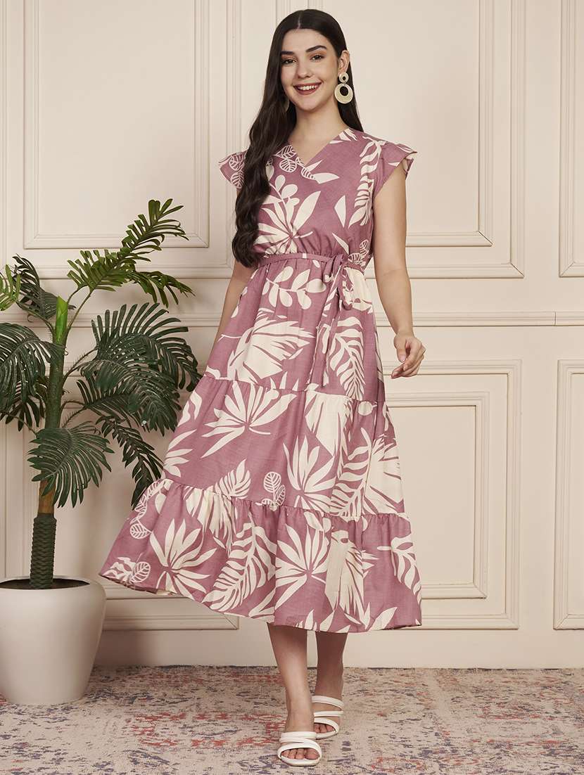 women printed cap sleeve tiered dress