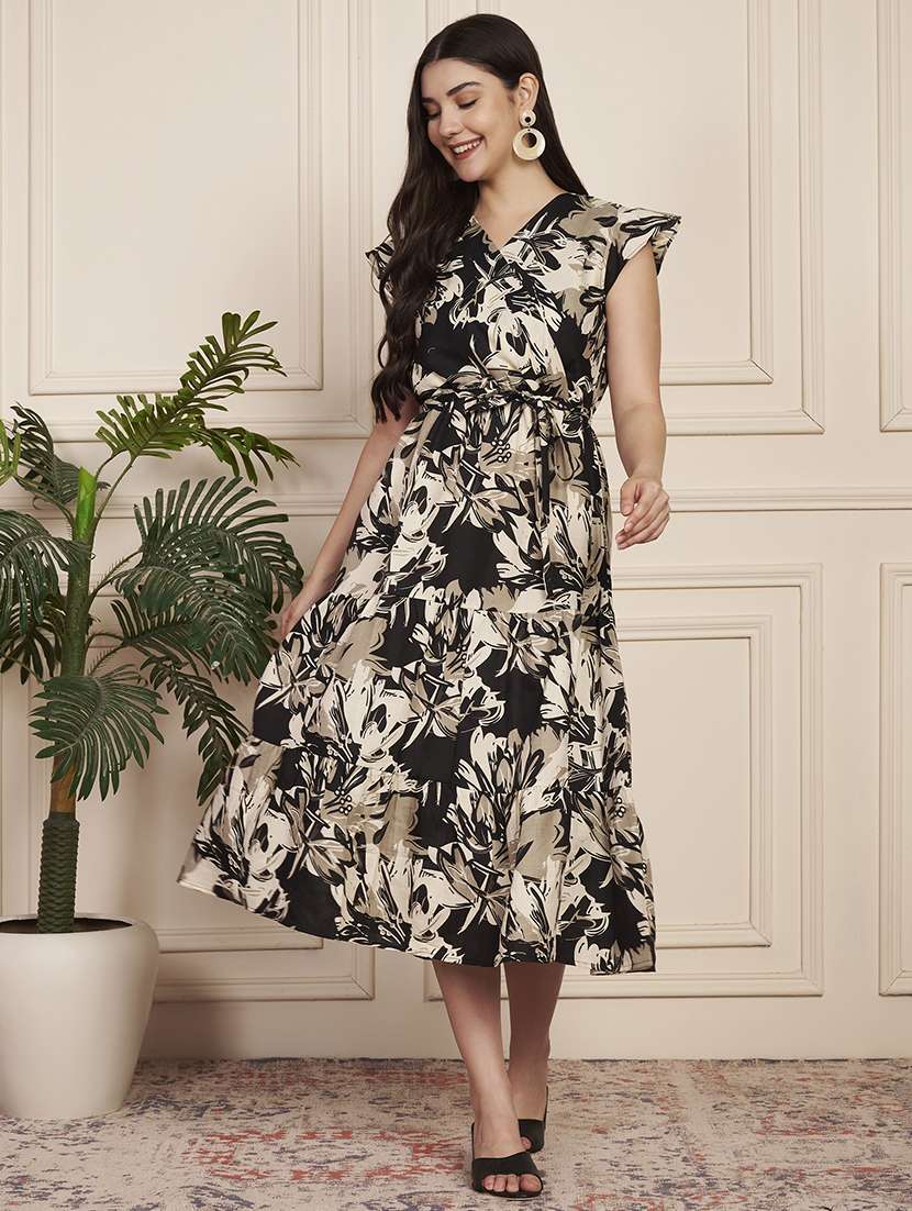 women printed cap sleeve tiered dress