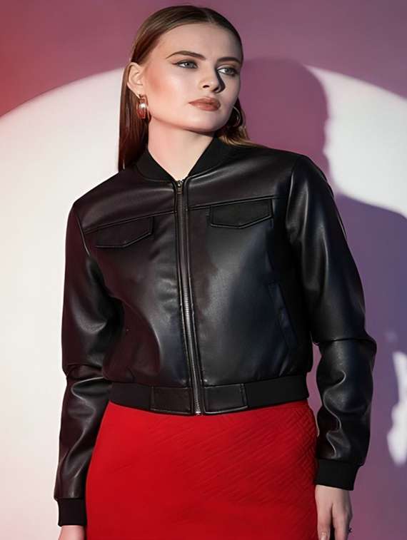 women solid long sleeve leatherette jacket
