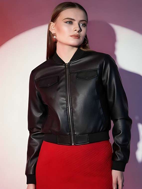 women solid long sleeve leatherette biker jacket
