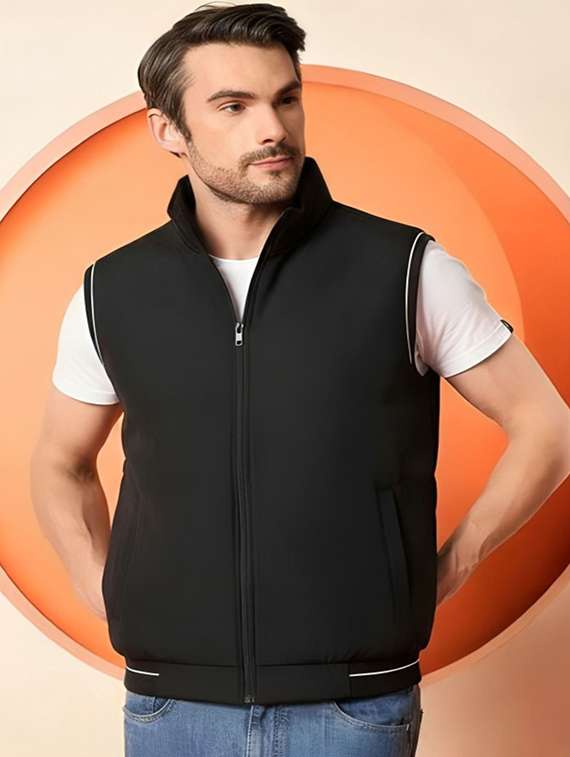 men solid sleeveless bomber jacket - 22183649 -  Zoom Image - 0