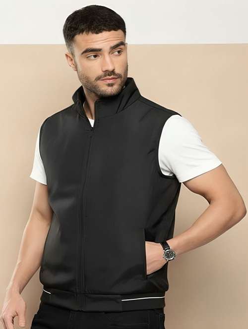 men solid sleeveless bomber jacket - 22183655 -  Standard Image - 0