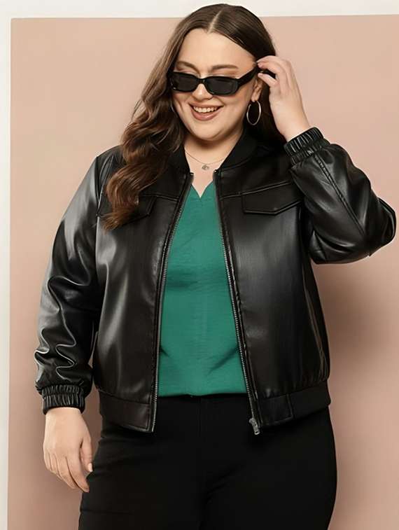 women plus size solid long sleeve leatherette jacket