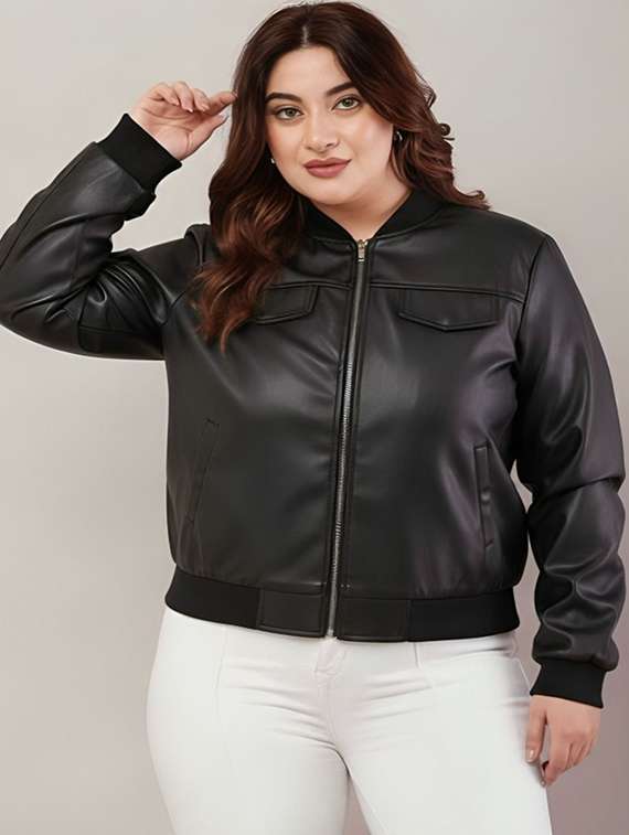 women solid long sleeve leatherette biker jacket