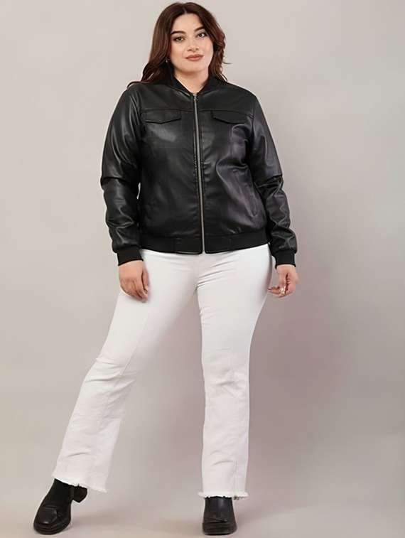 women solid long sleeve leatherette biker jacket - 22183669 -  Standard Image - 3