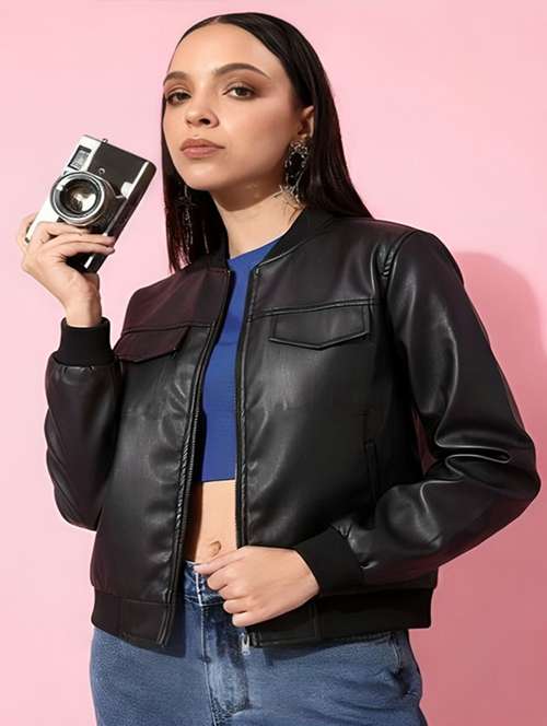 women solid long sleeve leatherette jacket - 22183670 -  Standard Image - 0