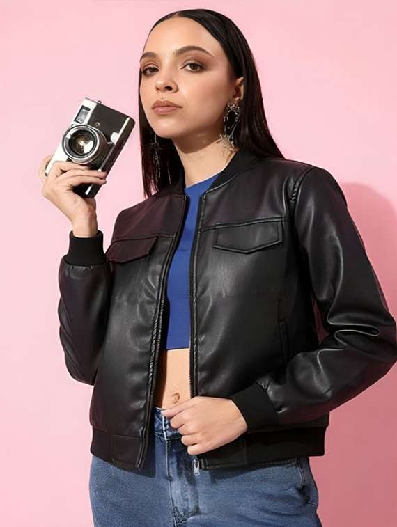 women solid long sleeve leatherette biker jacket