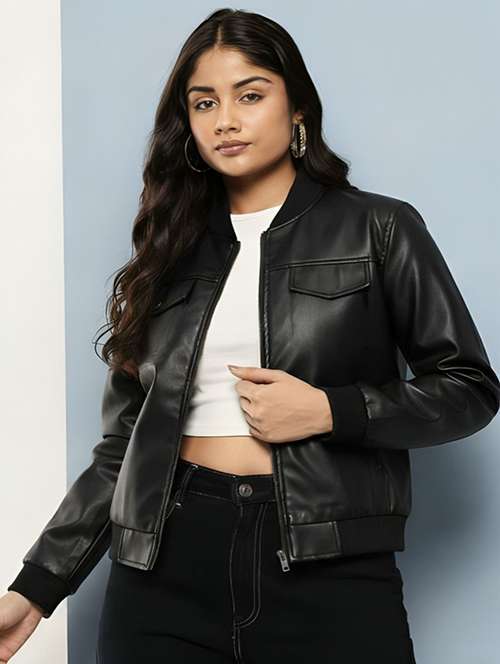 women solid long sleeve leatherette jacket - 22183676 -  Standard Image - 0