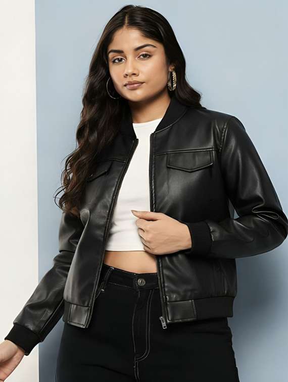 women solid long sleeve leatherette jacket - 22183676 -  Zoom Image - 0