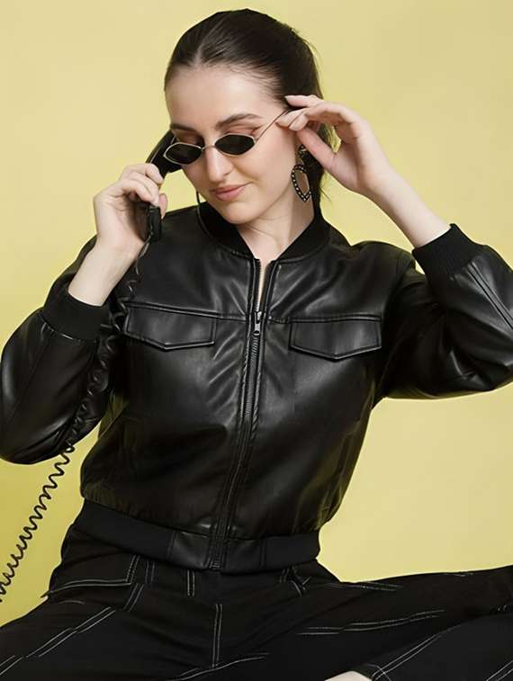 women solid long sleeve leatherette biker jacket