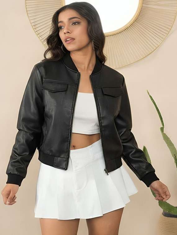 women solid long sleeve leatherette biker jacket