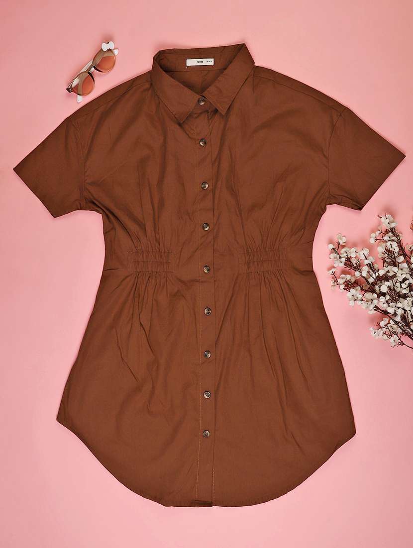 girls brown solid short sleeve shirt dress