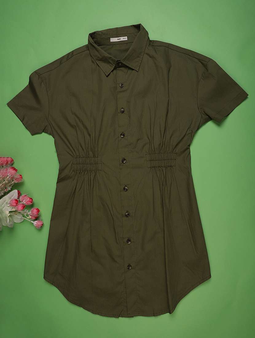 girls solid short sleeve collared shirt dress