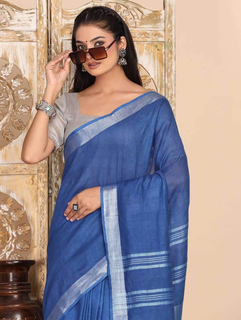 women solid with bordered saree with blouse - 22183749 -  Standard Image - 5