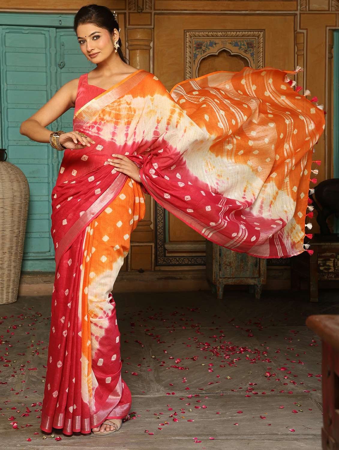 women tie & dye printed saree with blouse - 22183778 -  Standard Image - 3