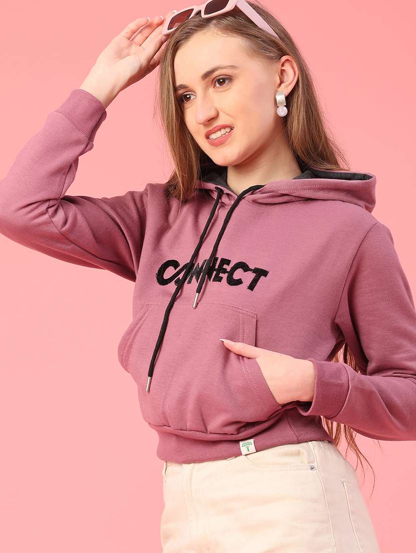 women printed long sleeve hooded cropped sweatshirt