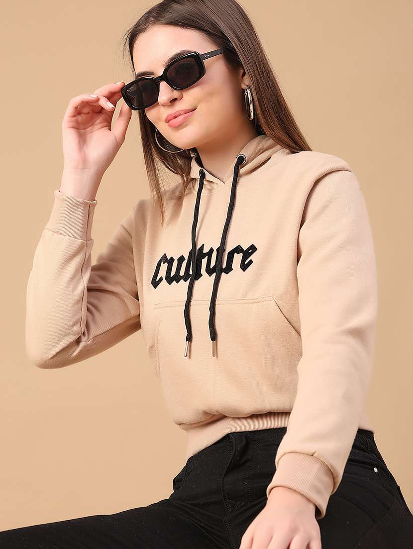women printed long sleeve hooded cropped sweatshirt