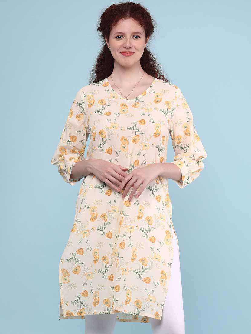 women printed three quarter sleeve straight kurta